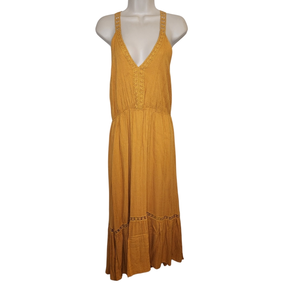 Molly Bracken Mustard Yellow Midi Dress Boho Lace Trim V Neck Sleeveless Size M